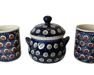 Bolesawiec Handmade Polish Pottery Lidded Sugar Bowl  Coffee Cups