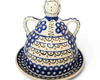 Handmade Polish Pottery Cheese Lady Dome Covered Dish