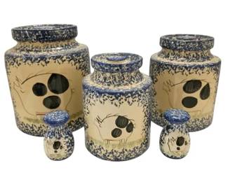Molly Dallas Blue Spongeware Pig Canister Set and Salt  Pepper Shakers