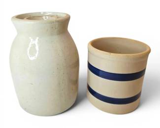 Antique Lidded Stoneware Crock  Blue Striped Crock