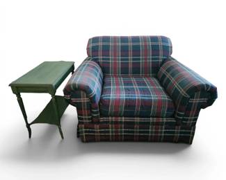 Plaid Armchair  Green Side Table