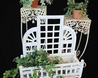 Metal Plant Stands w Faux Greenery  White Wooden Planter Box