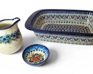 Handmade Polish Pottery Blue Floral Cassarole Dish, Small Pitcher,  Trinket Dish