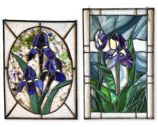 Two Iris Stained Glass Window Panels