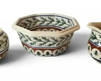 Bolesawiec Handmade Polish Pottery Pine Tree Bowl and Cream  Sugar Set