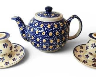 Handmade Polish Pottery Yellow Floral Teapot  Floral Candleholders
