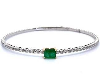 Natural Emerald & Diamond Two-Tone Gold Bangle Hinged Bracelet