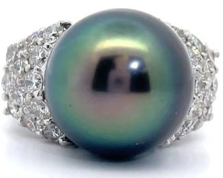 14.82mm South Sea Pearl & 1.78 Carat Natural Diamond Ring in 18K White Gold