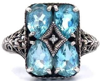 Four Stone Blue Topaz Ornate Filigree Ring