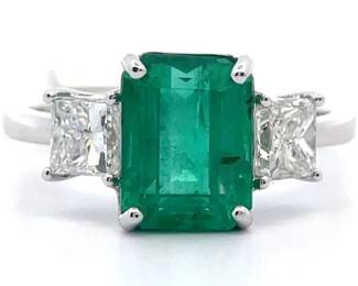 Oscar Friedman 3.72 Carat Natural Emerald & Natural Diamond Ring in 18K White Gold w/ GIA Report