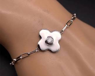 0.12 Carat Diamond Flower Charm Paperclip Link Bracelet