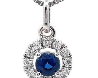 0.15 Carat Natural Blue Sapphire & Diamond Halo Pendant in 14k White Gold