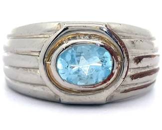 Blue Topaz East-West Bezel Two-Tone Scalloped Ring