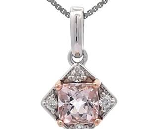 0.31 Carat Natural Morganite & Diamond Square Drop Pendant in 14k White Gold