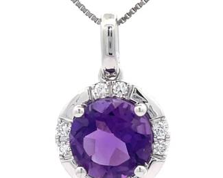 1.29 Carat Natural Amethyst & Diamond Round Halo Pendant in 14k White Gold