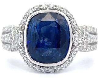 6.08 Carat Natural Sri Lanka (Ceylon) Sapphire & Natural Diamond Ring in Platinum w/ GIA Report