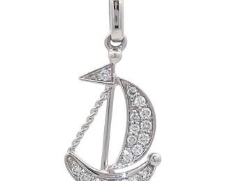Nautical 0.10 Carat Pavé Natural Diamond Sailboat Pendant Necklace in 14k White Gold