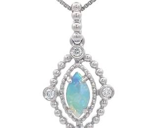 0.20 Carat Natural White Opal & Natural Diamond Vintage Filigree Pendant in 14k White Gold