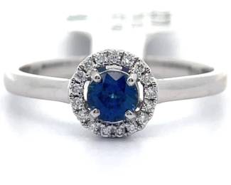 0.49 Carat Natural Blue Sapphire & Diamond Floating Halo Ring in 14k White Gold