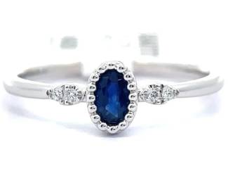0.30 Carat Natural Blue Sapphire & Diamond Oval Bezel Ring in 14k White Gold