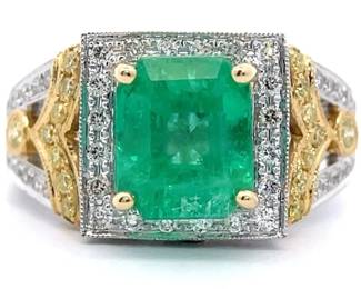 3.68 Carat Natural Emerald & Natural Diamond Ring in 18K White & Yellow Gold w/ GIA Report