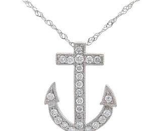 Safe at Sea 0.25 Carat Natural Diamond Nautical Anchor Cross Pendant in 14k White Gold