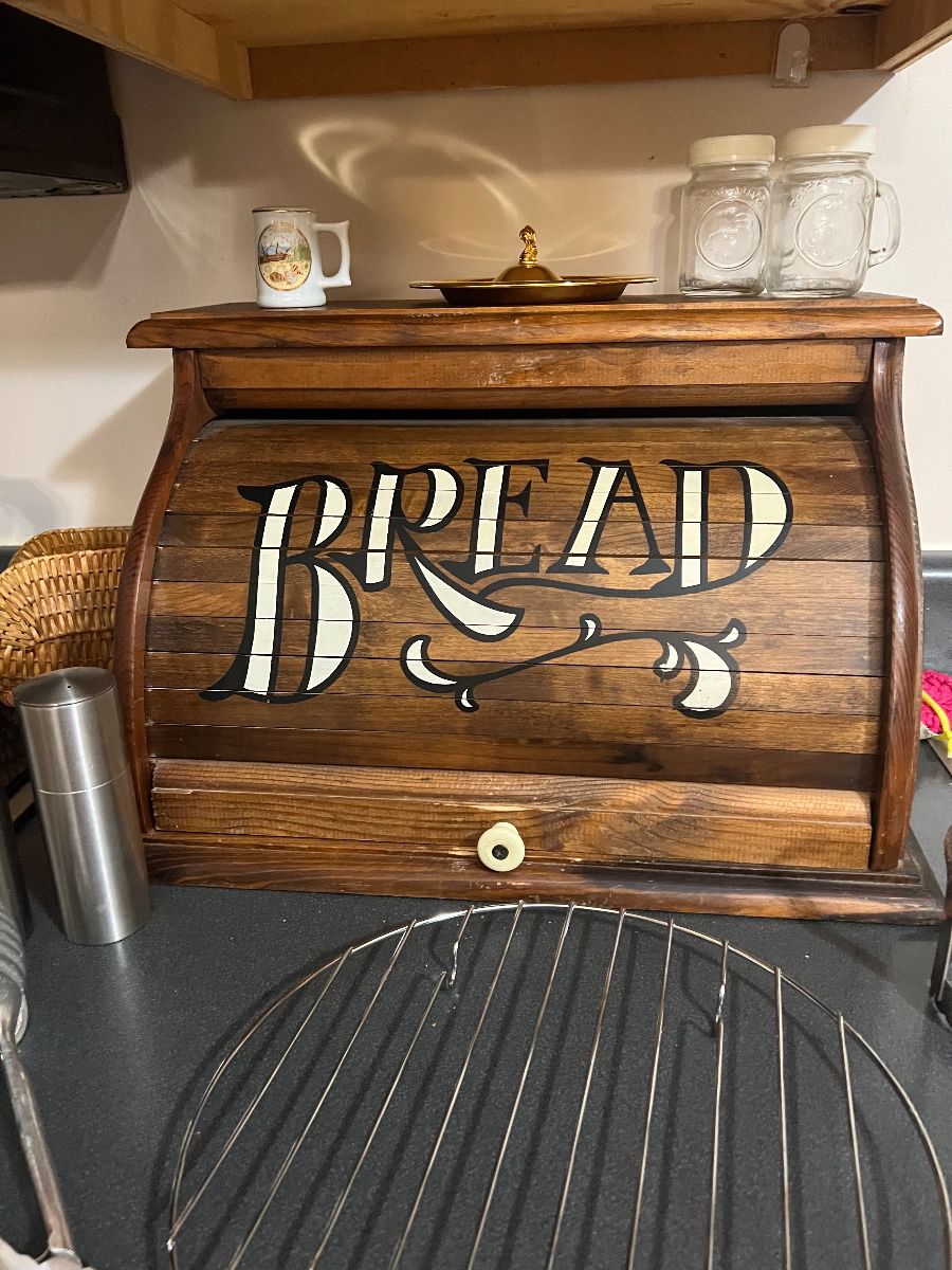 70’s wooden bread box w porcelain knob