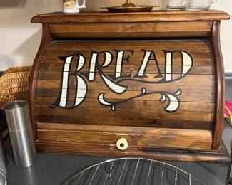 70’s wooden bread box w porcelain knob
