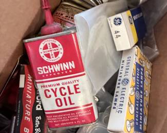 Lot #319 Vintage Bicycle Repair Supplies, Schwinn Cycle Oil, Cyclist's Tool Kit, Bell Tube Repair Kit, GE Miniature Lamps & More