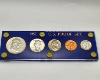 Lot #21 1957 United States Proof Set – Franklin Half Dollar, Silver Coins & Wheat Cent in Display Holder