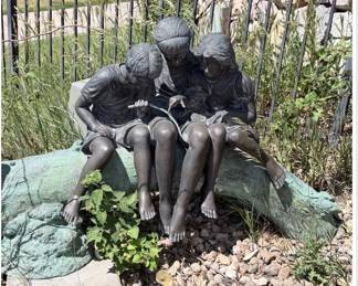 Lot #142 Signed Leonardo Rossi Garden Sculpture | Three Children Reading Bronze Finish Outdoor Statue | Large Patio & Landscape