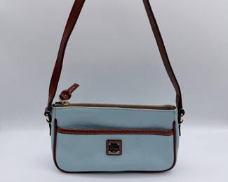 Lot #190 Authentic Dooney & Bourke Light Blue Leather Shoulder Bag Purse with Brown Trim – Classic Designer Handbag