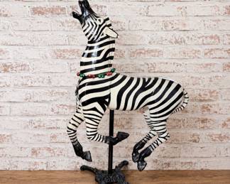 Lot #80 Vintage Carousel Zebra Figure | Hand-Carved Carousel Animal on Display Stand | Carnival, Folk Art & Americana Décor