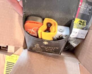 Lot #319 Vintage Bicycle Repair Supplies, Schwinn Cycle Oil, Cyclist's Tool Kit, Bell Tube Repair Kit, GE Miniature Lamps & More