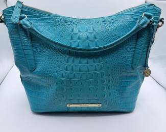 Lot #185 Brahmin Croc-Embossed Leather Hobo Handbag – Turquoise Designer Shoulder Bag with Signature Medallion