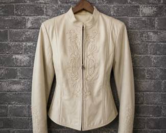 Lot #215 Harley-Davidson Women's Embroidered Leather Jacket – Ivory/Cream Motorcycle Jacket Size S/M