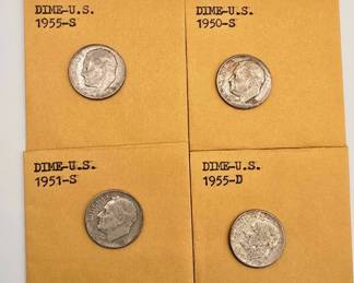 Lot #64 1950-S, 1951-S, 1955-S & 1955-D Roosevelt Silver Dime Collection – 90% Silver U.S. Coins Lot #64 1950-S, 1951-S, 1955-S & 1955-D Roosevelt Silver Dime Collection – 90% Silver U.S. Coins