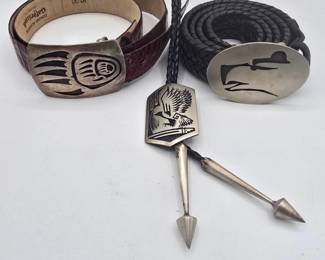 Lot #162 Southwestern Jewelry & Western Accessories Lot – Sterling Silver Belt Buckle, Leather Belt, Bolo Tie & Braided Belt