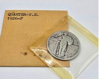 Lot #22 1926 Standing Liberty Silver Quarter Coin – U.S. 90% Silver Collectible Currency
