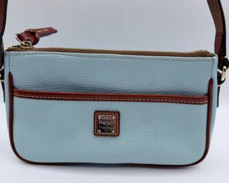 Lot #190 Authentic Dooney & Bourke Light Blue Leather Shoulder Bag Purse with Brown Trim – Classic Designer Handbag
