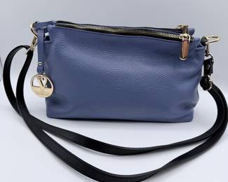 Lot #177 Valentina Italian Leather Crossbody Handbag – Blue Pebbled Leather Designer Purse with Adjustable Strap