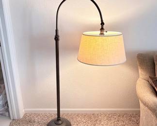 Lot #139 High-End Forged Iron Arc Floor Lamp | Heavy Designer Reading Lamp with Linen Drum Shade | Pottery Barn Style