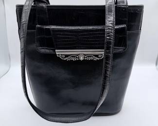 Lot #181 Brighton Black Leather Tote Handbag – Designer Shoulder Purse with Croc Embossed Accent & Silver Hardware