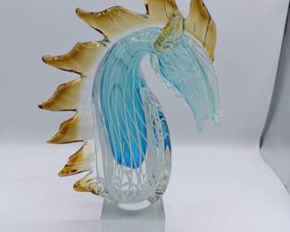 Lot #327 Murano Style Art Glass Horse Head Sculpture – Hand-Blown Blue, Clear & Amber Glass Figurine