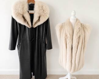 Lot #212 Vintage Peter Caruso Fur Collection – Full-Length Leather Coat with Fur Collar & Fur Stole Cape