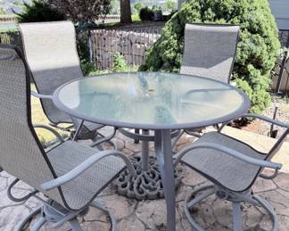Lot #144 5-Piece Outdoor Patio Dining Set | 52" Glass Top Table & (4) Swivel Sling Dining Chairs | Powder-Coated Aluminum