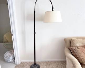 Lot #139 High-End Forged Iron Arc Floor Lamp | Heavy Designer Reading Lamp with Linen Drum Shade | Pottery Barn Style