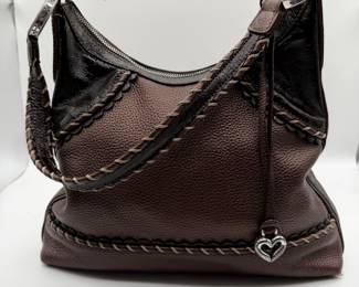 Lot #178 Brighton Pebbled Leather Hobo Handbag – Brown Shoulder Purse with Braided Trim & Heart Charm