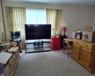 TV, TV stand, end tables, lamps, couch