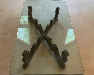 Sculptural Wooden Table  Topped Glass